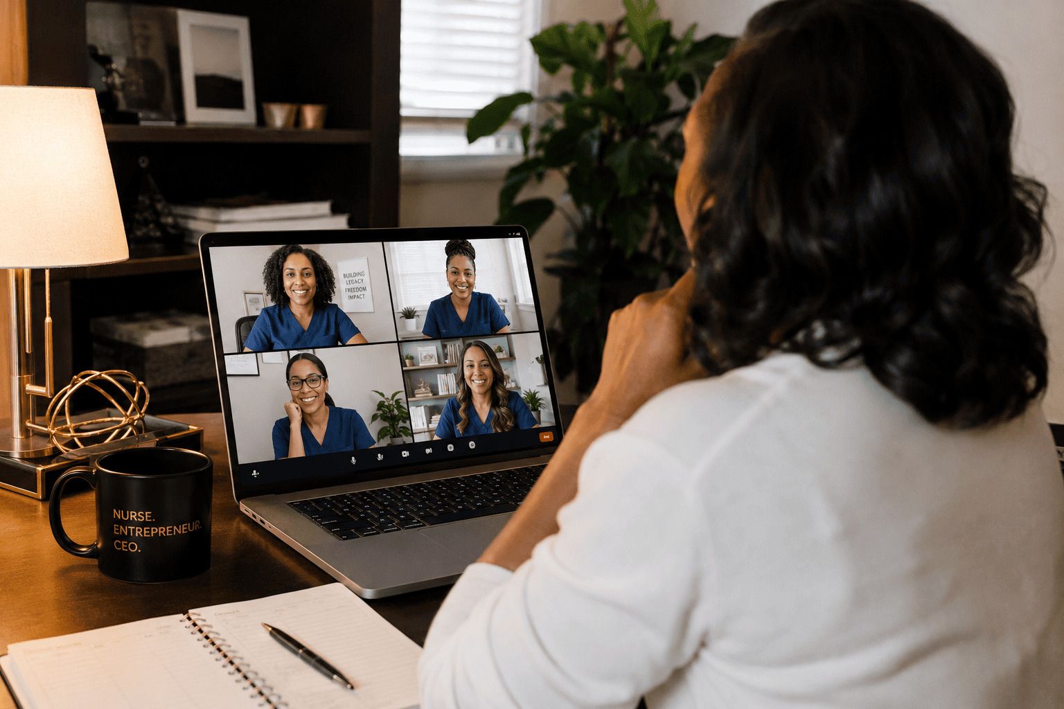 black CEO nurse having a zoom session with her clients
